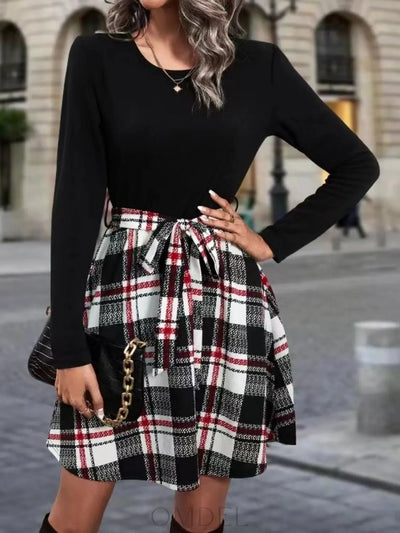 Tied Plaid Round Neck Long Sleeve Dress Trendsi OMDEL.COM