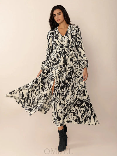 Tied Printed V-Neck Long Sleeve Midi Dress Trendsi OMDEL.COM