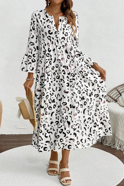 Tiered Leopard Notched Three-Quarter Sleeve Dress Trendsi OMDEL.COM