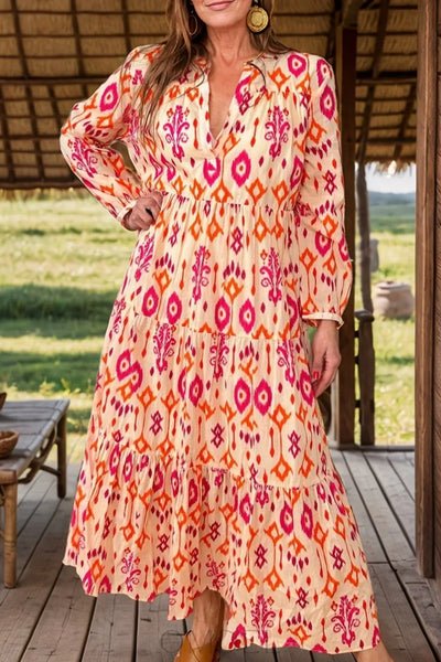 Tiered Printed Notched Long Sleeve Midi Dress Trendsi OMDEL.COM