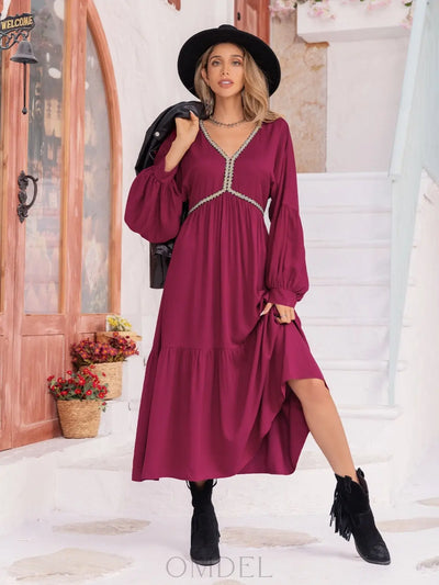 V-Neck Lantern Sleeve Ruffle Hem Dress Trendsi OMDEL.COM