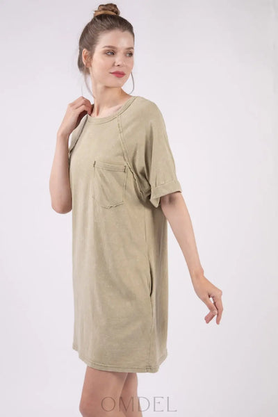 VERY J Washed Round Neck Mini Tee Dress Trendsi OMDEL.COM