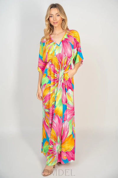 White Birch Printed V-Neck Maxi Dress with Pockets Trendsi OMDEL.COM