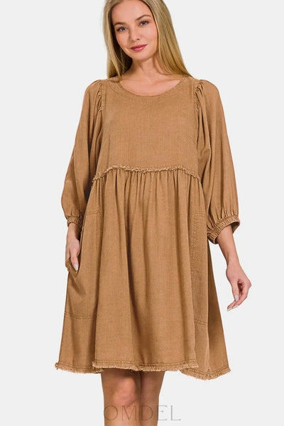 Zenana Washed Linen Pleated Puff Sleeve Babydoll Dress Trendsi OMDEL.COM