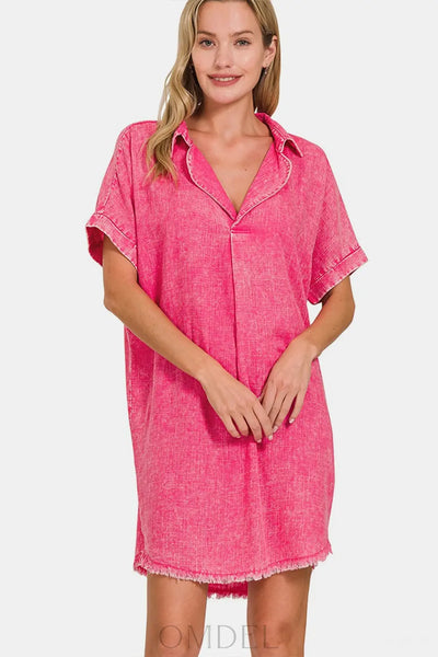 Zenana Washed Linen V-Neck Raw Hem Dress Trendsi OMDEL.COM