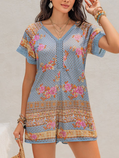 Printed V-Neck Short Sleeve Romper Trendsi OMDEL.COM