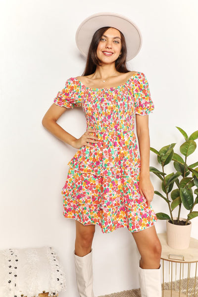 Devine Smocked Sweetheart Neck Flounce Sleeve Mini Dress Trendsi OMDEL.COM