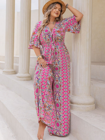 Plus Size Printed Half Sleeve Wide Leg Jumpsuit Trendsi OMDEL.COM