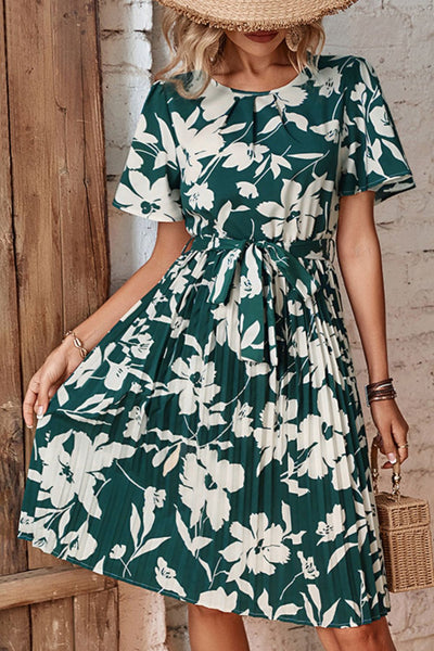 Perfee Floral Round Neck Tie Belt Pleated Dress Trendsi OMDEL.COM