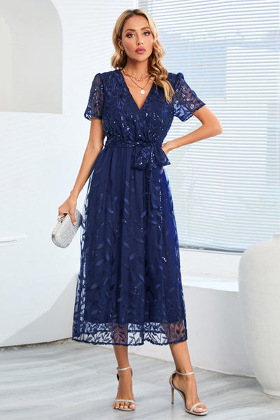 Sequin Leaf Embroidery Tie Front Short Sleeve Dress Trendsi OMDEL.COM