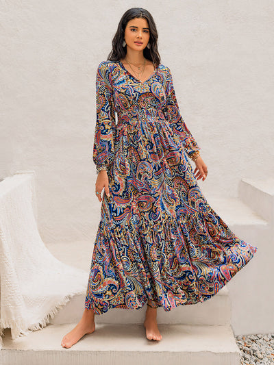 Printed Tie Neck Long Sleeve Midi Dress Trendsi OMDEL.COM