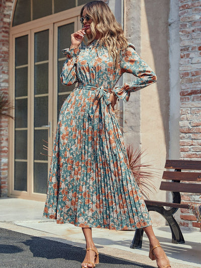 Perfee Tied Pleated Printed Mock Neck Long Sleeve Dress Trendsi OMDEL.COM