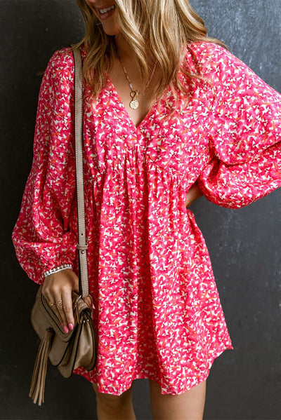 V-Neck Floral Print Long Sleeve Mini Dress Trendsi OMDEL.COM