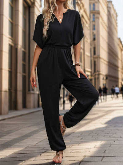 Perfee Notched Half Sleeve Straight Jumpsuit - OMDEL.COM