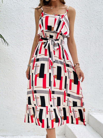 Perfee Ruffled Printed Tie Waist Midi Dress Trendsi OMDEL.COM