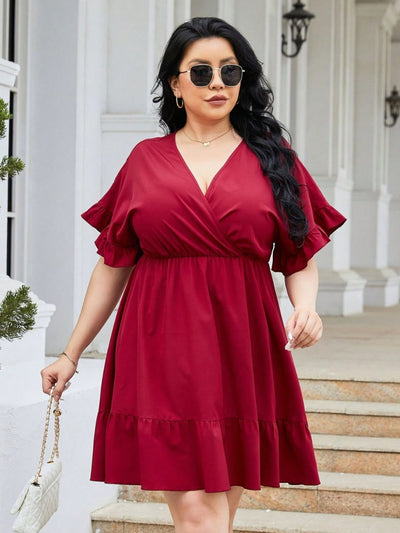 Plus Size Ruched Surplice Flounce Sleeve Mini Dress Trendsi OMDEL.COM