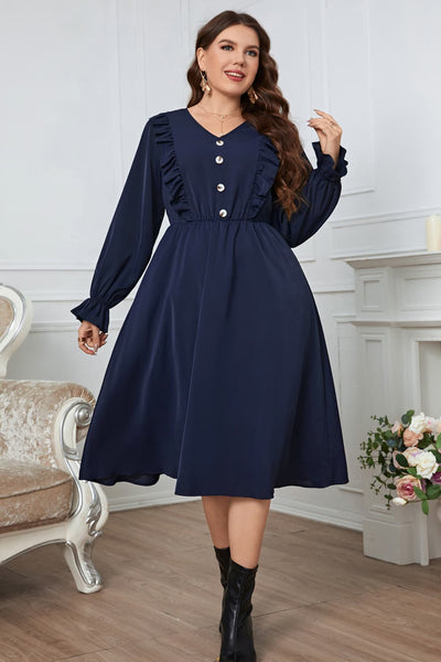 Honey Melo Apparel Plus Size V-Neck Buttoned Flounce Sleeve Dress Trendsi OMDEL.COM