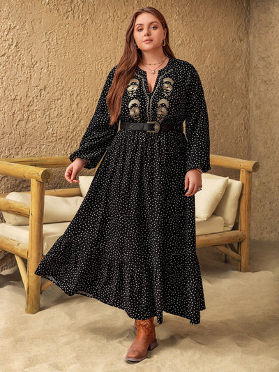 Plus Size Embroidered Polka Dot Notched Long Sleeve Dress Trendsi OMDEL.COM