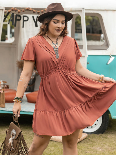 Plus Size Ruffle Hem V-Neck Short Sleeve Dress Trendsi OMDEL.COM