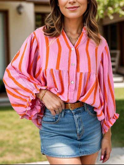 Striped Notched Long Sleeve Blouse Trendsi OMDEL.COM