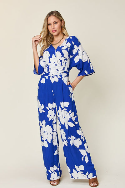 Double Take Full Size Printed Tie Back Wide Leg Jumpsuit - OMDEL.COM