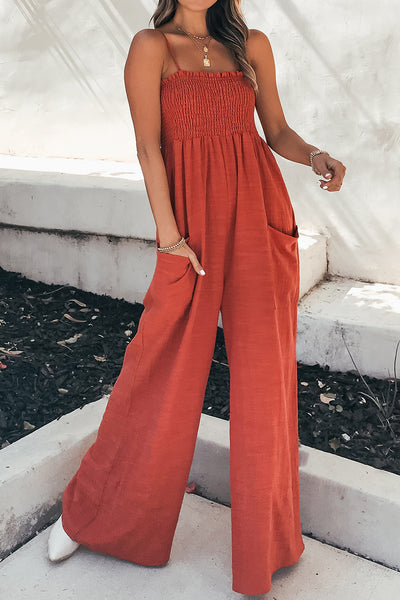 Smocked Spaghetti Strap Wide Leg Jumpsuit - OMDEL.COM