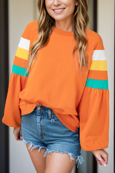 Contrast Round Neck Long Sleeve Blouse Trendsi OMDEL.COM