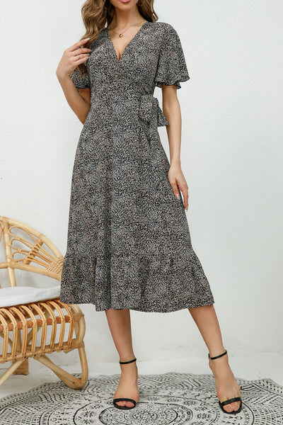 Printed V-Neck Flutter Sleeve Midi Dress Trendsi OMDEL.COM