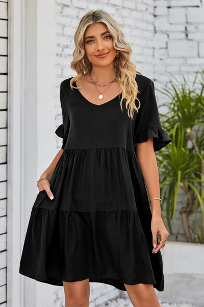 Mandy V-Neck Flounce Sleeve Tiered Dress Trendsi OMDEL.COM