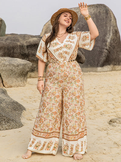 Plus Size V-Neck Flutter Sleeve Wide Leg Jumpsuit Trendsi OMDEL.COM