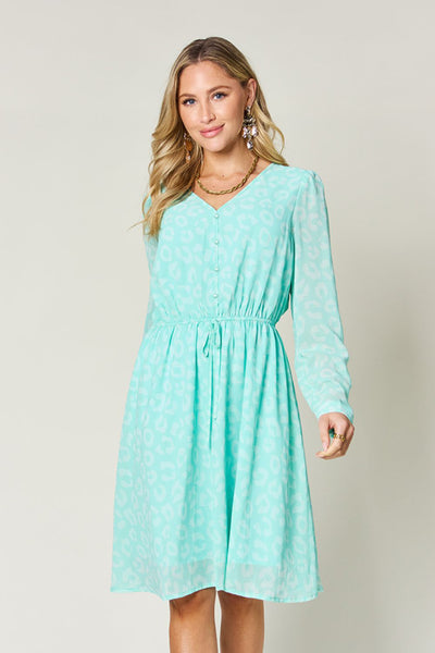 Double Take Full Size Printed Ruched V-Neck Long Sleeve Dress Trendsi OMDEL.COM