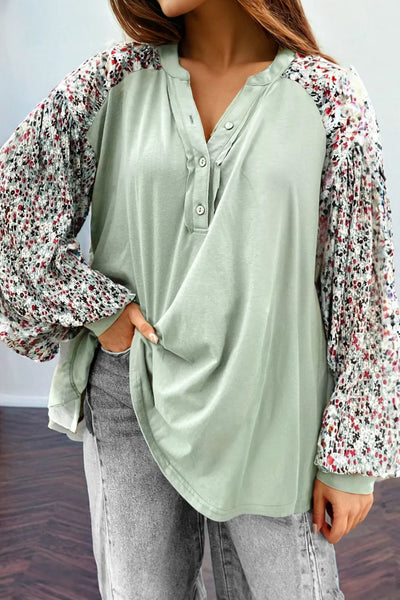 Printed Notched Long Sleeve Blouse Trendsi OMDEL.COM