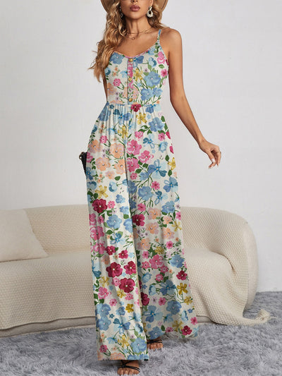 FAM-FAM Decorative Button Spaghetti Strap Wide Leg Jumpsuit - OMDEL.COM