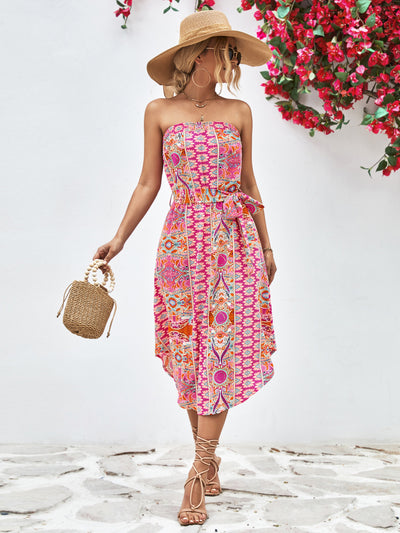 Printed Strapless Tie Belt Dress Trendsi OMDEL.COM