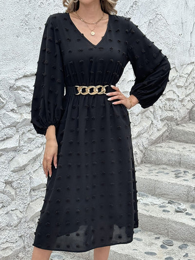 Full Size Swiss Dot V-Neck Long Sleeve Midi Dress Trendsi OMDEL.COM