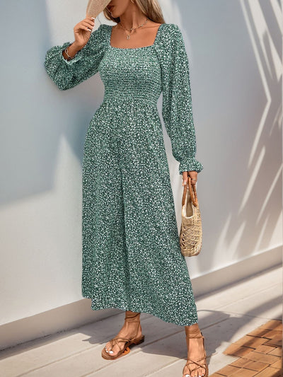 Perfee Smocked Printed Long Sleeve Wide Leg Jumpsuit - OMDEL.COM