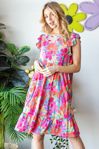 Heimish Full Size Floral Cap Sleeve Tiered Dress Trendsi OMDEL.COM