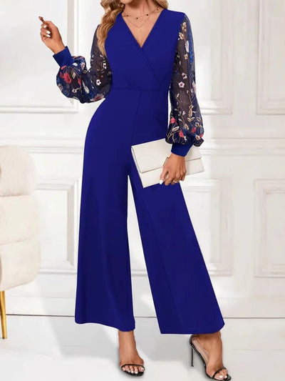 Surplice Embroidered Long Sleeve Wide Leg Jumpsuit Trendsi OMDEL.COM