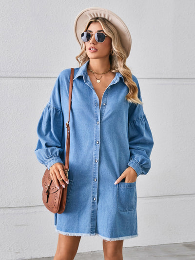 Button Up Pocketed Raw Hem Denim Dress Trendsi OMDEL.COM