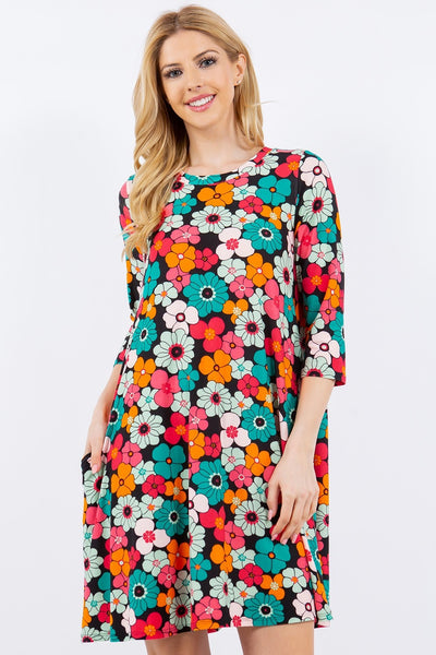 Celeste Full Size Floral Three-Quarter Sleeve Dress with Pockets Trendsi OMDEL.COM