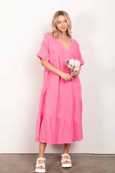 VERY J Soft Crinkle Gauze Short Sleeve Midi Dress Trendsi OMDEL.COM