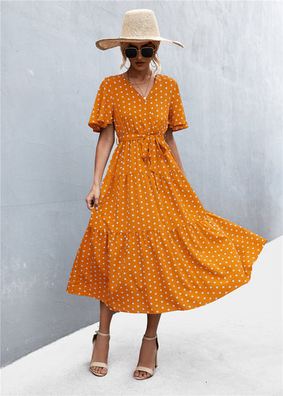 Printed V-Neck Flutter Sleeve Belted Dress Trendsi OMDEL.COM