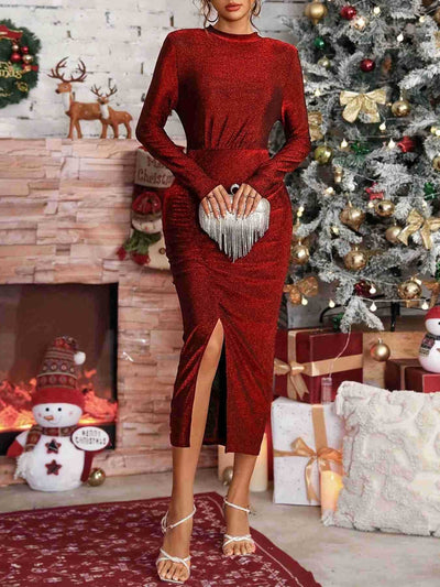 Slit Ruched Mock Neck Long Sleeve Dress Trendsi OMDEL.COM