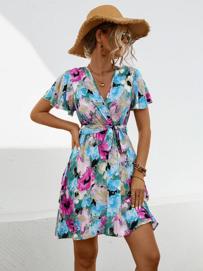 Printed Surplice Tie Waist Mini Dress Trendsi OMDEL.COM