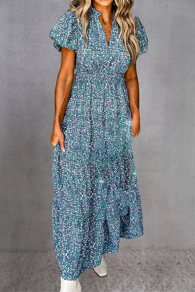 Tiered Printed Notched Short Sleeve Dress Trendsi OMDEL.COM