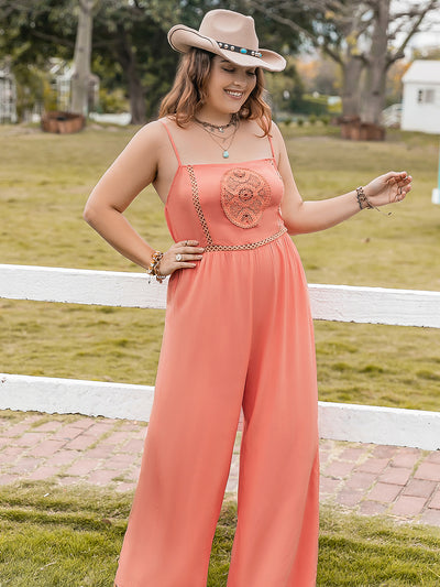 Plus Size Lace Detail Spaghetti Strap Wide Leg Jumpsuit Trendsi OMDEL.COM