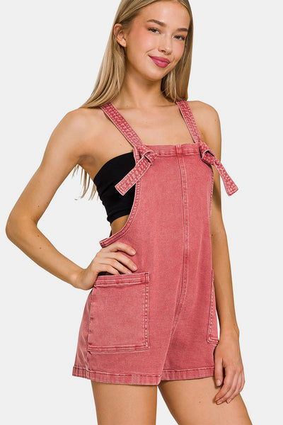 Zenana Washed Knot Strap Rompers - OMDEL.COM