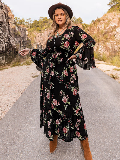 Plus Size Floral Flare Sleeve Dress Trendsi OMDEL.COM