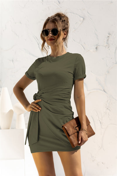 Round Neck Cuffed Sleeve Side Tie Dress Trendsi OMDEL.COM