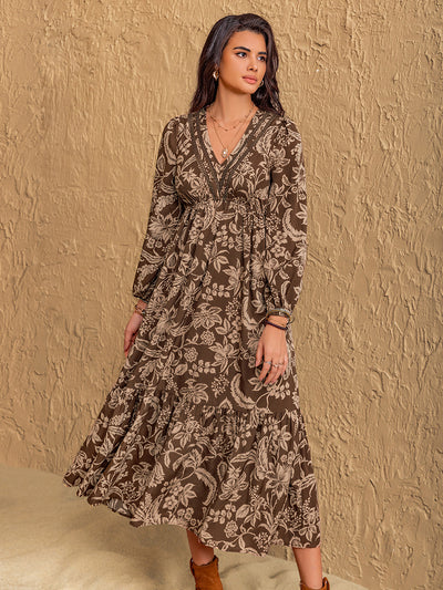 Ruched Printed V-Neck Long Sleeve Midi Dress Trendsi OMDEL.COM